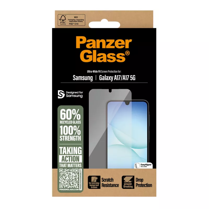 PanzerGlass ekrāna aizsargs Samsung Galaxy A17 / A17 5G — īpaši plata piegulēšana, PET+Silikons, izturīgs pret skrāpējumiem un triecieniem