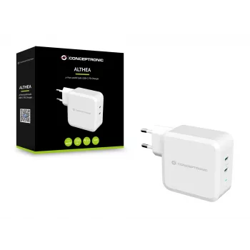 Conceptronic ALTHEA 2-Port 100W GaN USB-C PD lādētājs, iekštelpu, maiņstrāvas, 5 V, 5 A, balts