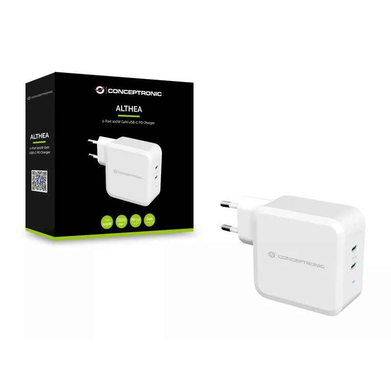 Conceptronic ALTHEA 2-Port 100W GaN USB-C PD lādētājs, iekštelpu, maiņstrāvas, 5 V, 5 A, balts
