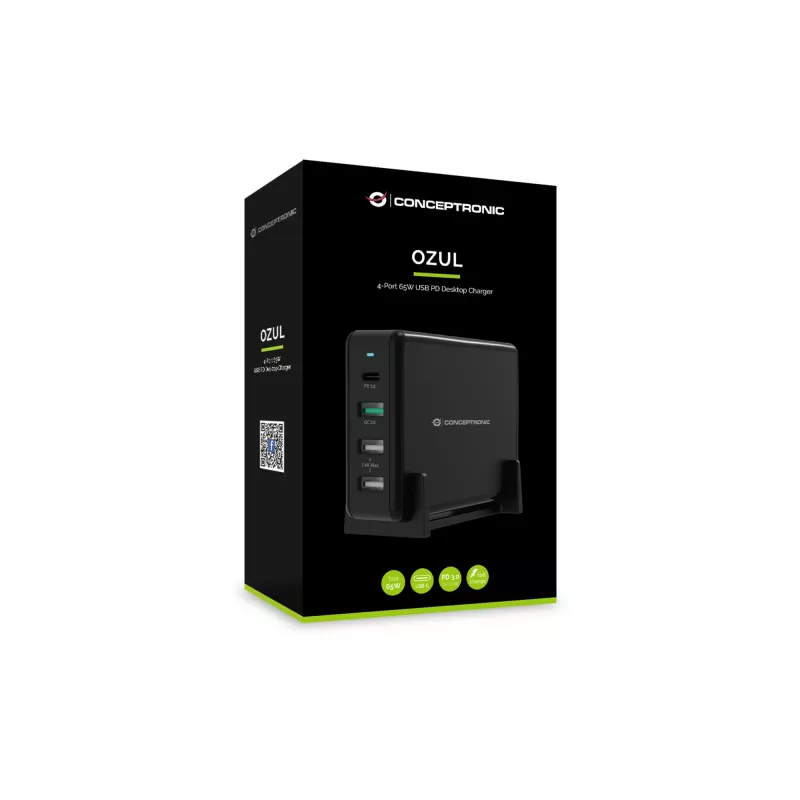 Conceptronic OZUL 4-Port 65W USB PD galddatoru lādētājs, iekštelpām, maiņstrāva, 5 V, melns
