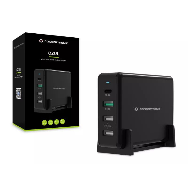 Conceptronic OZUL 4-Port 65W USB PD galddatoru lādētājs, iekštelpām, maiņstrāva, 5 V, melns