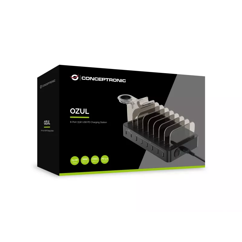 Conceptronic OZUL 8-Port 75W USB PD uzlādes stacija, iekštelpām, maiņstrāva, 12 V, melna