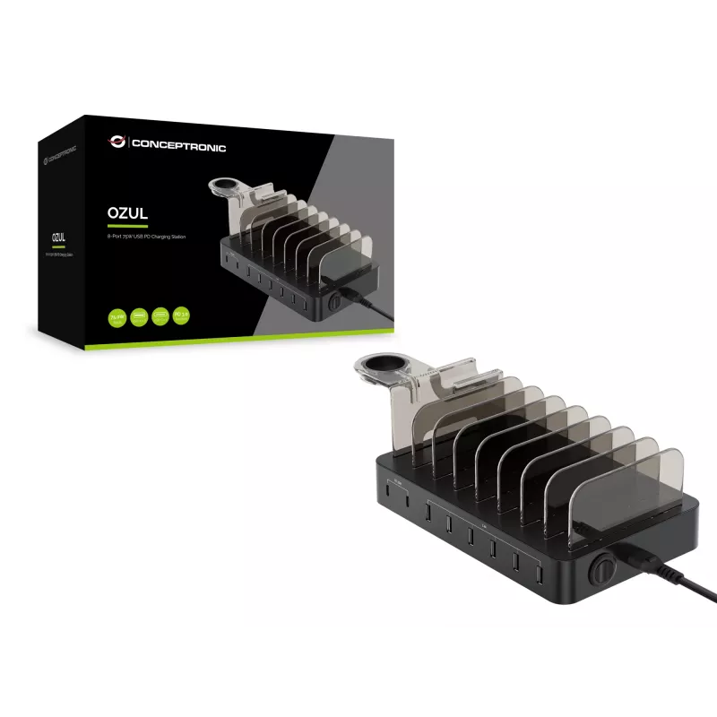 Conceptronic OZUL 8-Port 75W USB PD uzlādes stacija, iekštelpām, maiņstrāva, 12 V, melna