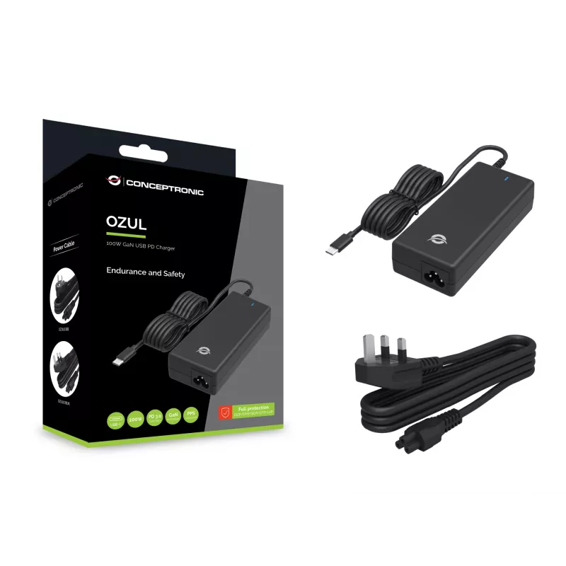 Conceptronic OZUL03BUK 100W GaN galda USB PD lādētājs, iebūvēts USB-C kabelis, UK spraudnis