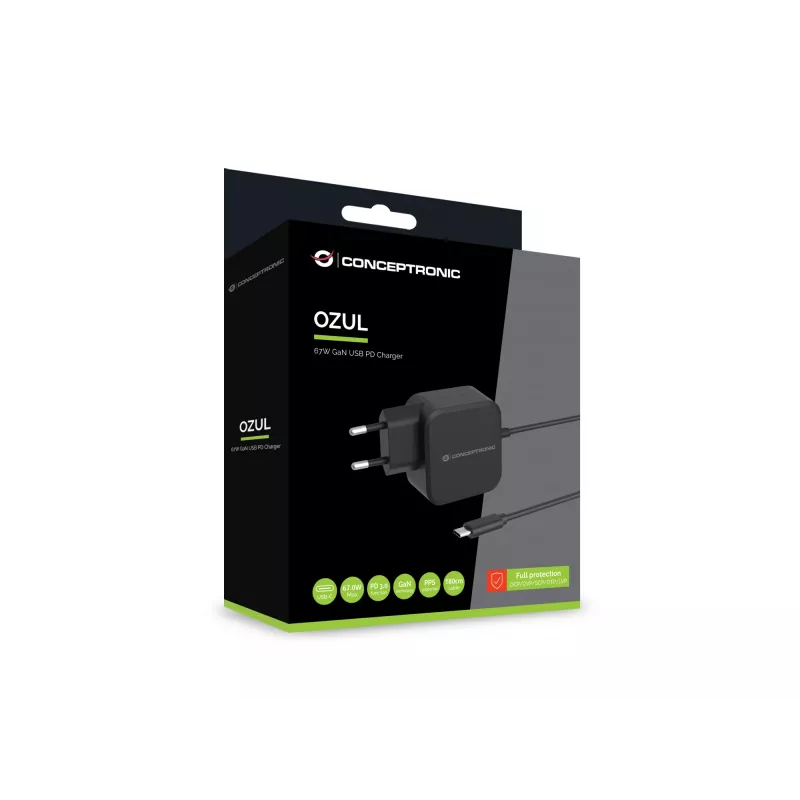 Conceptronic OZUL04BE 67W GaN USB PD lādētājs, iebūvēts USB-C kabelis