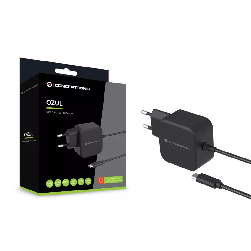Conceptronic OZUL04BE 67W GaN USB PD lādētājs, iebūvēts USB-C kabelis