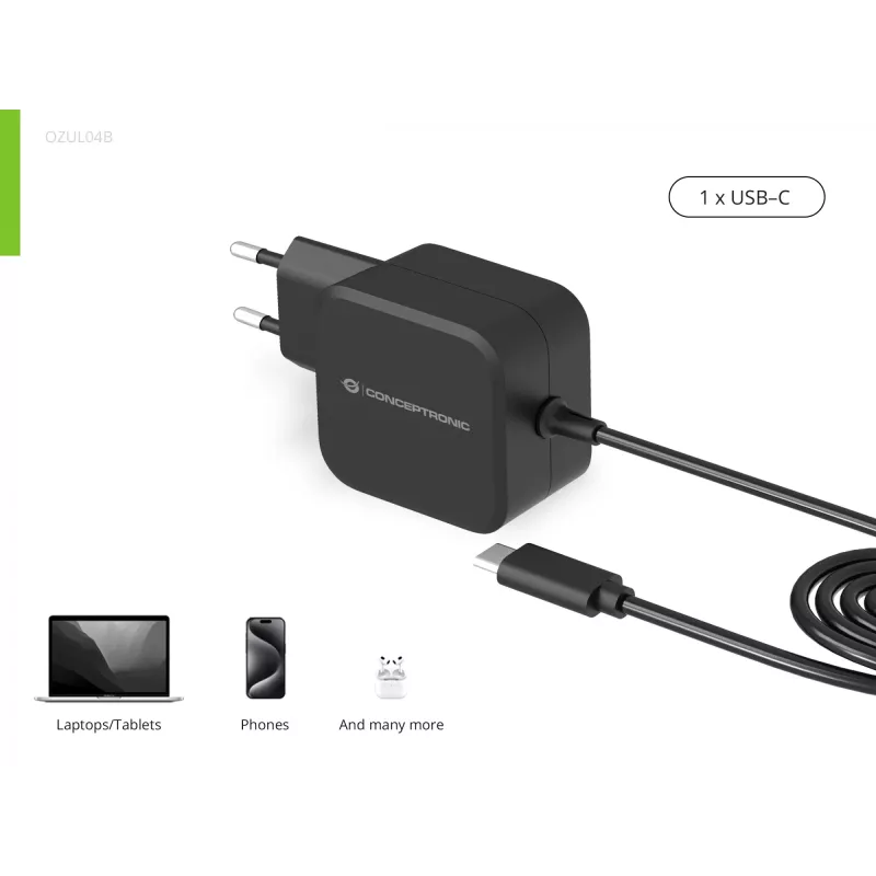 Conceptronic OZUL04BE 67W GaN USB PD lādētājs, iebūvēts USB-C kabelis