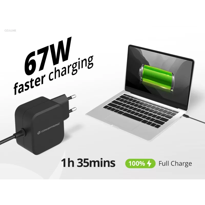 Conceptronic OZUL04BE 67W GaN USB PD lādētājs, iebūvēts USB-C kabelis