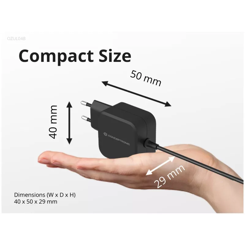 Conceptronic OZUL04BE 67W GaN USB PD lādētājs, iebūvēts USB-C kabelis