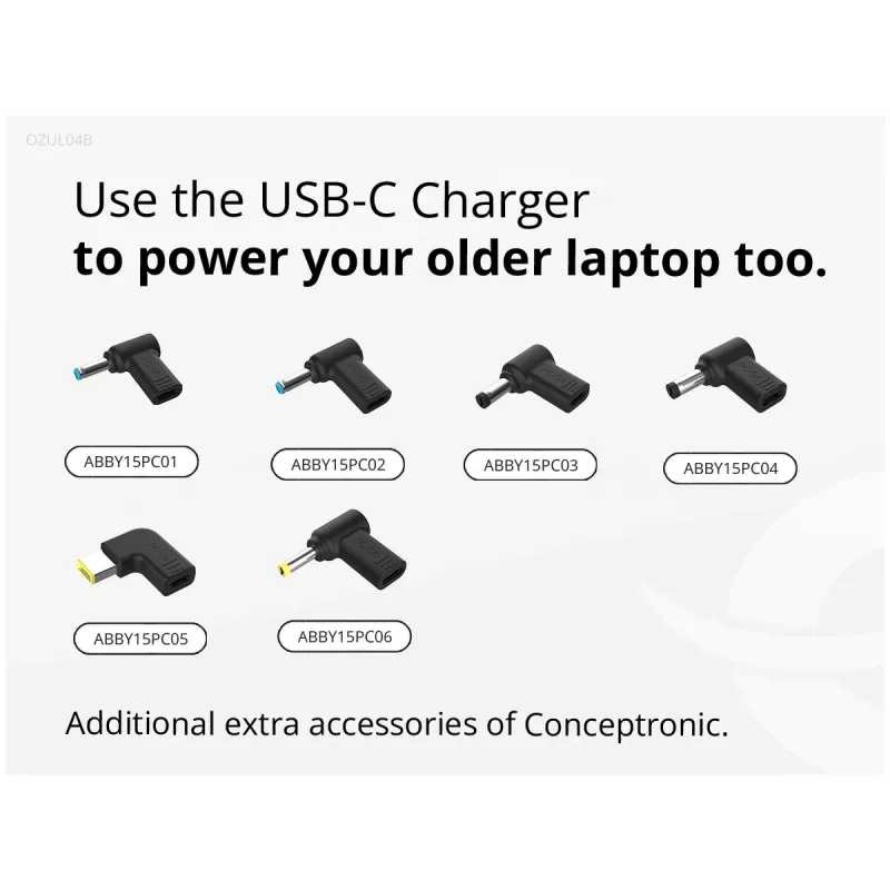 Conceptronic OZUL04BE 67W GaN USB PD lādētājs, iebūvēts USB-C kabelis