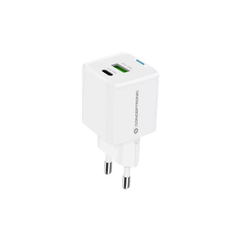 Conceptronic 2-Port 20W GaN USB PD lādētājs, USB-C x 1, USB-A x 1, QC 3.0, PPS