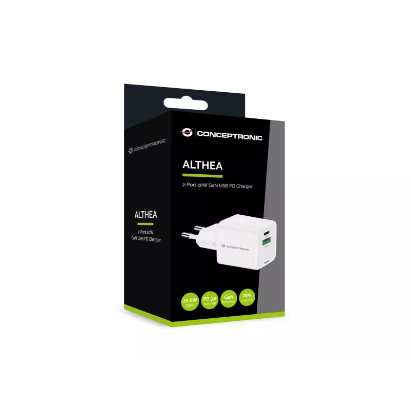 Conceptronic 2-Port 20W GaN USB PD lādētājs, USB-C x 1, USB-A x 1, QC 3.0, PPS