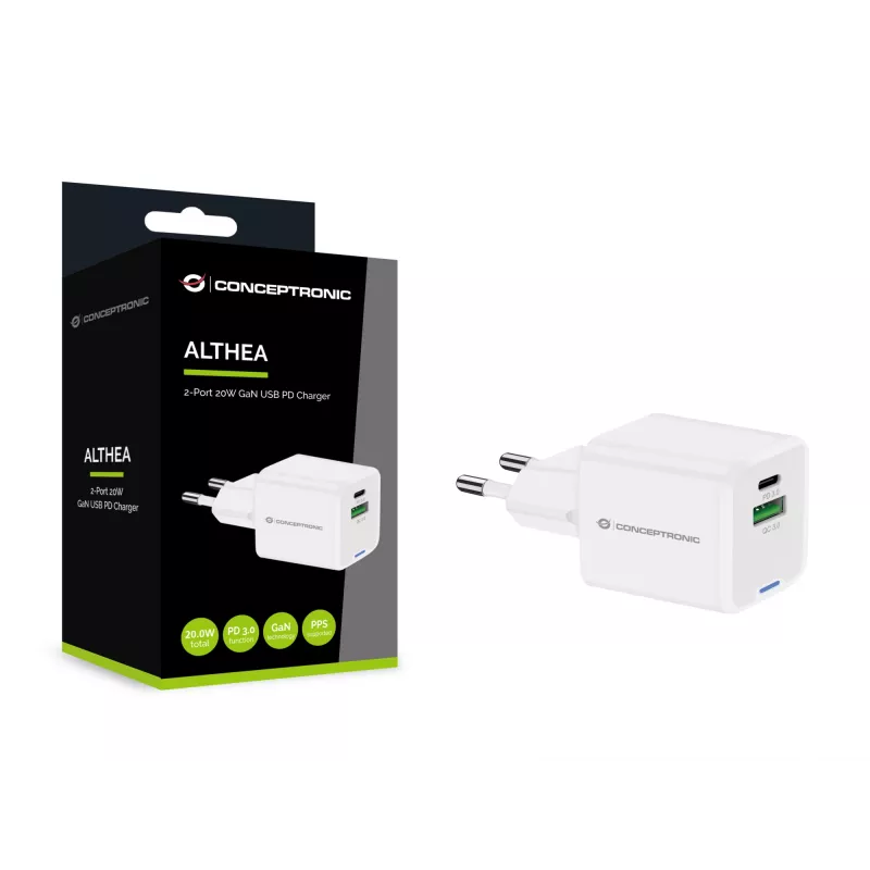 Conceptronic 2-Port 20W GaN USB PD lādētājs, USB-C x 1, USB-A x 1, QC 3.0, PPS