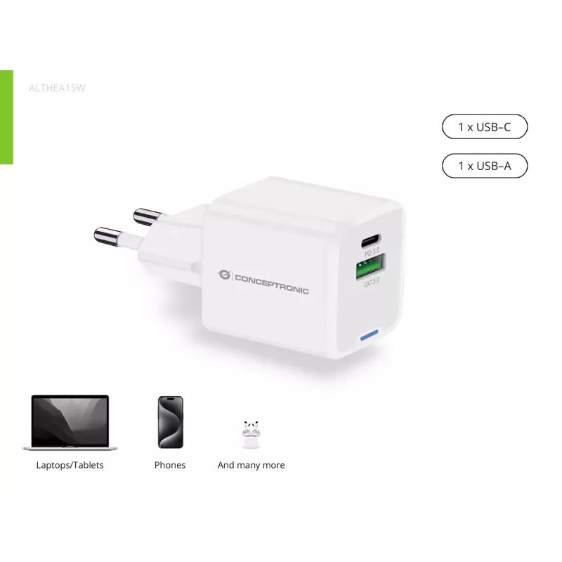 Conceptronic 2-Port 20W GaN USB PD lādētājs, USB-C x 1, USB-A x 1, QC 3.0, PPS