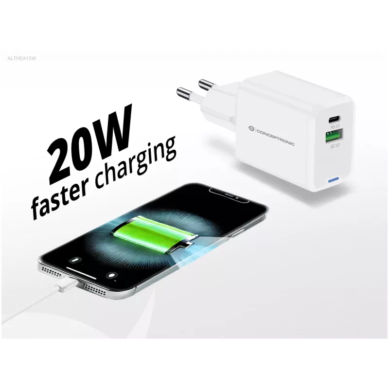 Conceptronic 2-Port 20W GaN USB PD lādētājs, USB-C x 1, USB-A x 1, QC 3.0, PPS