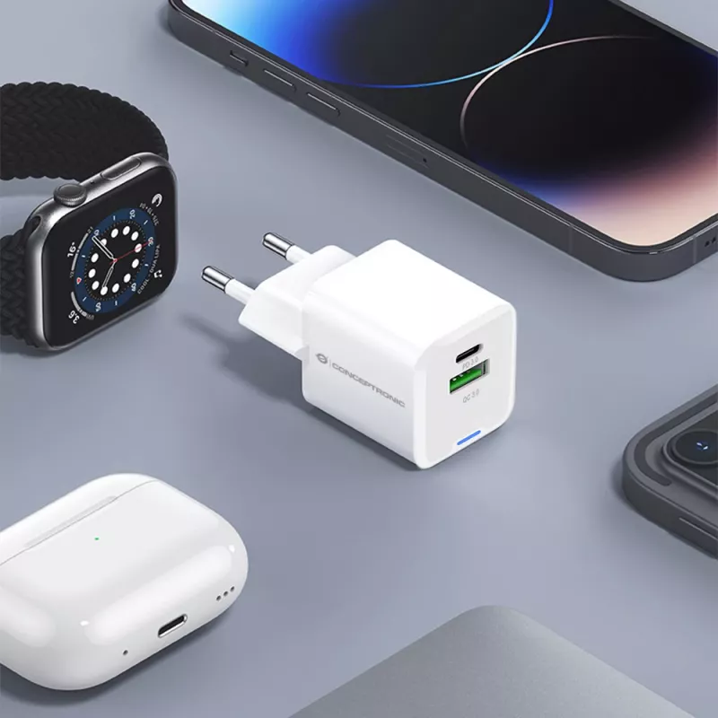 Conceptronic 2-Port 20W GaN USB PD lādētājs, USB-C x 1, USB-A x 1, QC 3.0, PPS