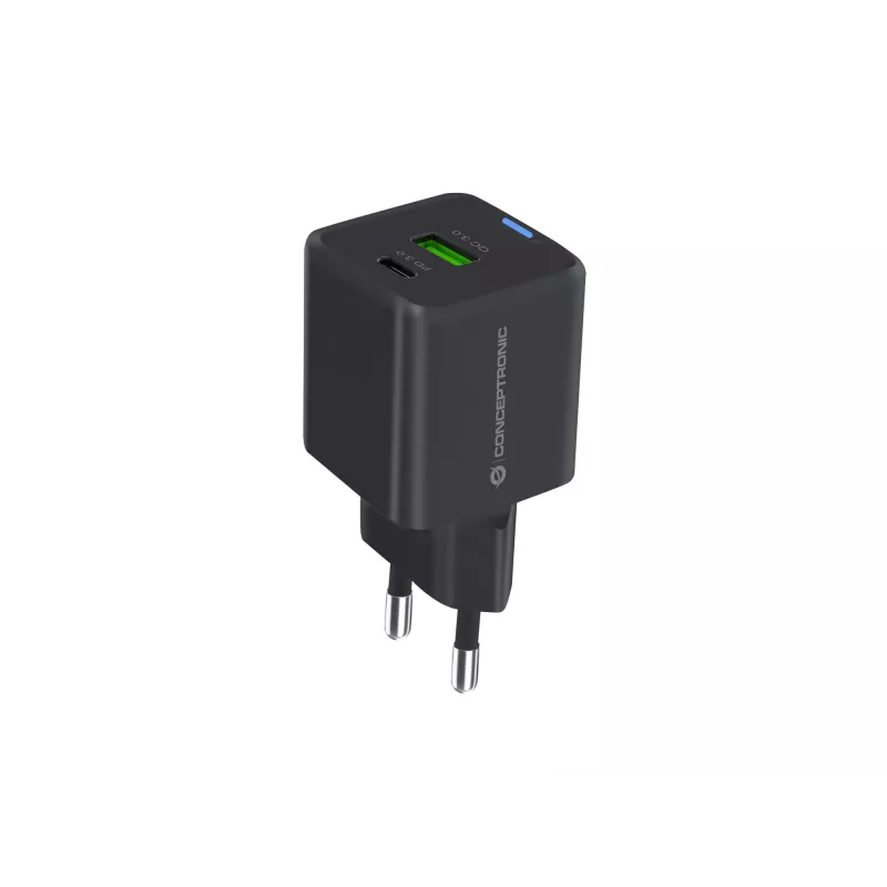 Conceptronic 2 Portu 20W GaN USB PD lādētājs, USB-C x 1, USB-A x 1, QC 3.0, PPS