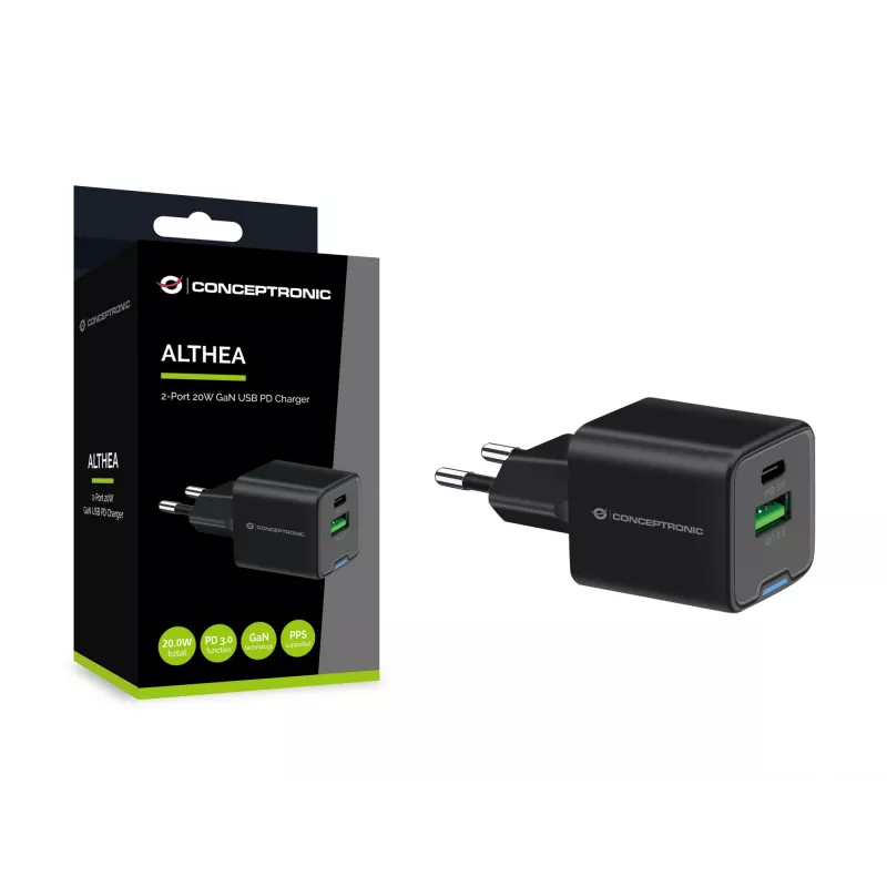 Conceptronic 2 Portu 20W GaN USB PD lādētājs, USB-C x 1, USB-A x 1, QC 3.0, PPS