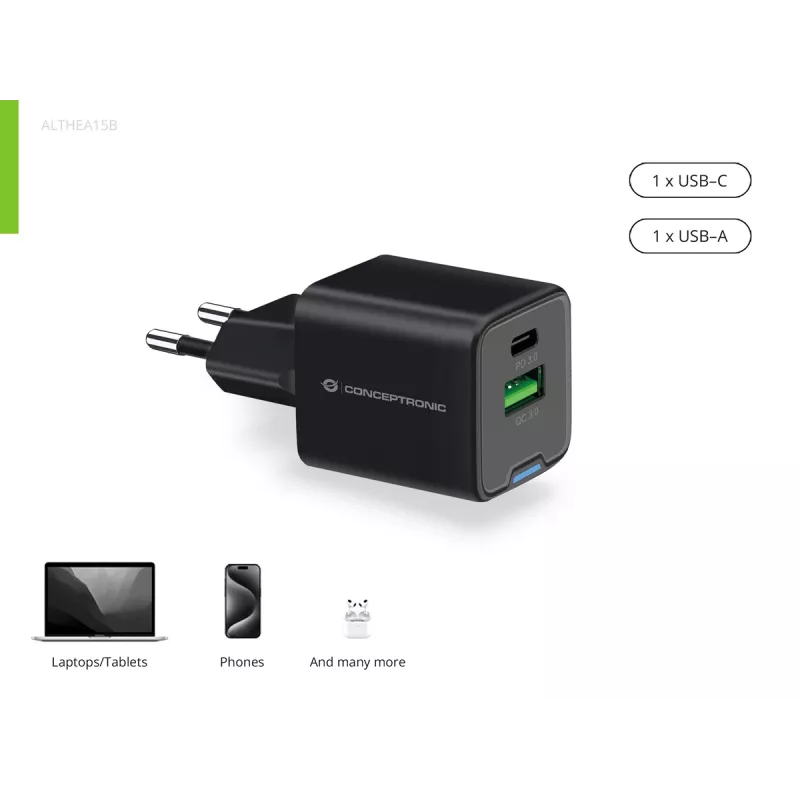 Conceptronic 2 Portu 20W GaN USB PD lādētājs, USB-C x 1, USB-A x 1, QC 3.0, PPS