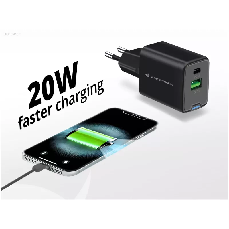 Conceptronic 2 Portu 20W GaN USB PD lādētājs, USB-C x 1, USB-A x 1, QC 3.0, PPS