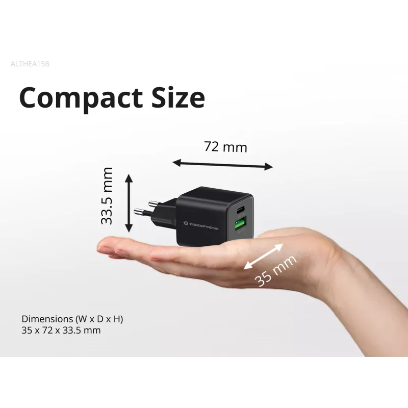 Conceptronic 2 Portu 20W GaN USB PD lādētājs, USB-C x 1, USB-A x 1, QC 3.0, PPS