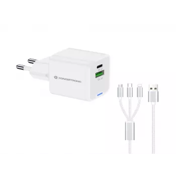 Conceptronic 2-portu 33W GaN USB PD lādētājs ar 3-in-1 uzlādes kabeli, USB-C 1, USB-A 1, QC 3.0, PPS