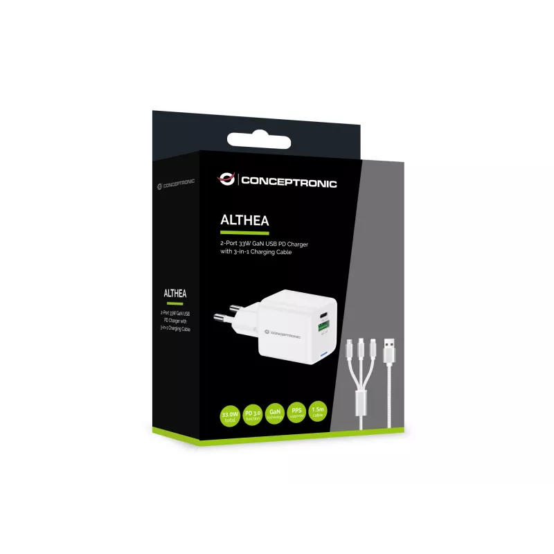 Conceptronic 2-portu 33W GaN USB PD lādētājs ar 3-in-1 uzlādes kabeli, USB-C 1, USB-A 1, QC 3.0, PPS