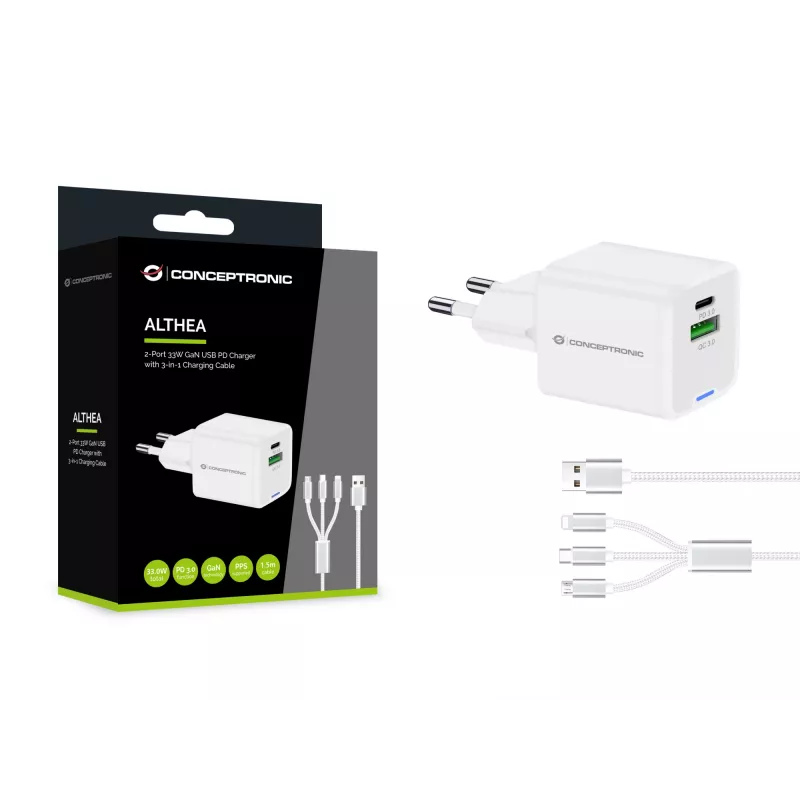 Conceptronic 2-portu 33W GaN USB PD lādētājs ar 3-in-1 uzlādes kabeli, USB-C 1, USB-A 1, QC 3.0, PPS