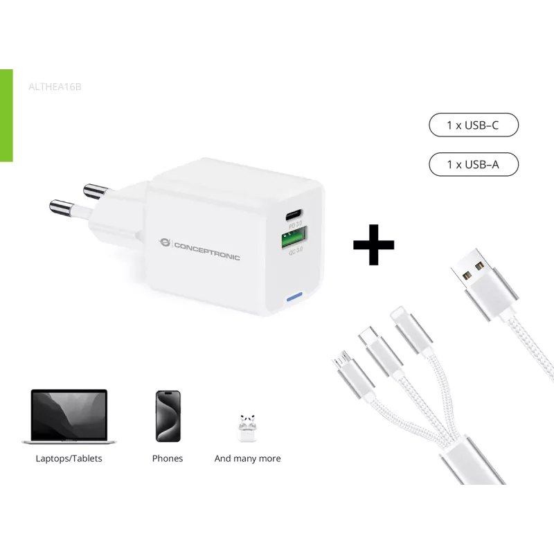 Conceptronic 2-portu 33W GaN USB PD lādētājs ar 3-in-1 uzlādes kabeli, USB-C 1, USB-A 1, QC 3.0, PPS