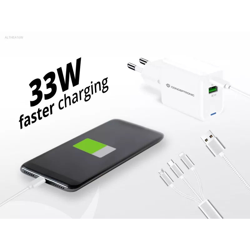 Conceptronic 2-portu 33W GaN USB PD lādētājs ar 3-in-1 uzlādes kabeli, USB-C 1, USB-A 1, QC 3.0, PPS
