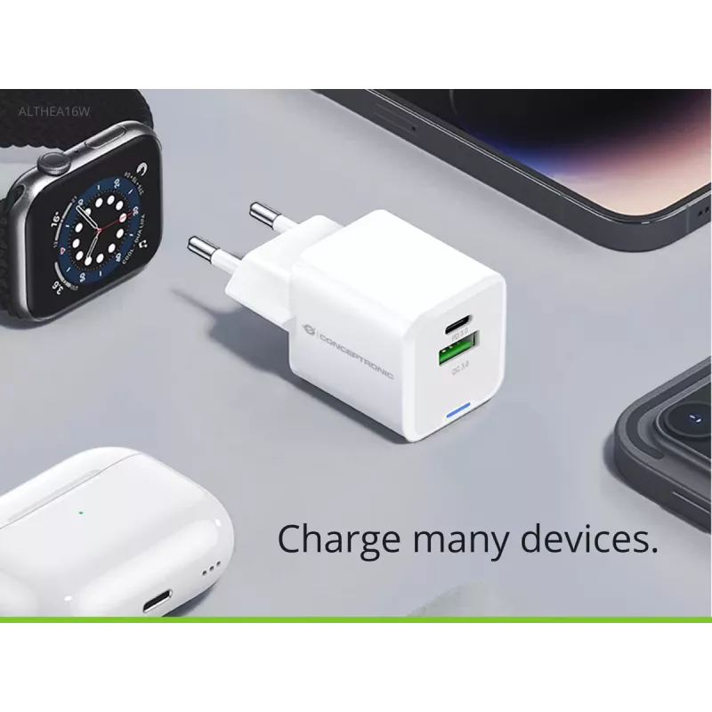 Conceptronic 2-portu 33W GaN USB PD lādētājs ar 3-in-1 uzlādes kabeli, USB-C 1, USB-A 1, QC 3.0, PPS