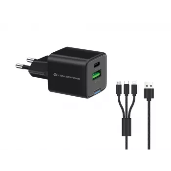 Conceptronic 2-Portu 33W GaN USB PD lādētājs ar 3-in-1 uzlādes kabeli, USB-C x 1, USB-A x 1, QC 3.0, PPS