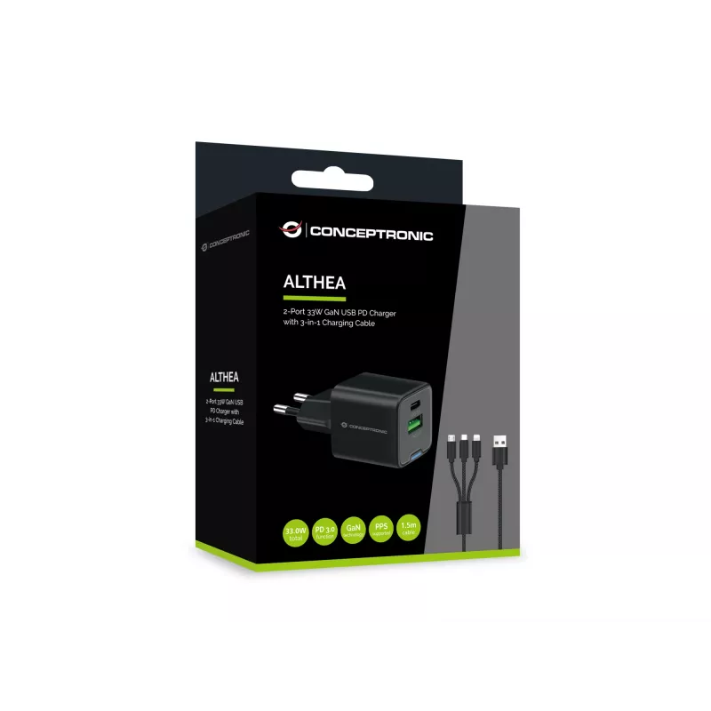 Conceptronic 2-Portu 33W GaN USB PD lādētājs ar 3-in-1 uzlādes kabeli, USB-C x 1, USB-A x 1, QC 3.0, PPS