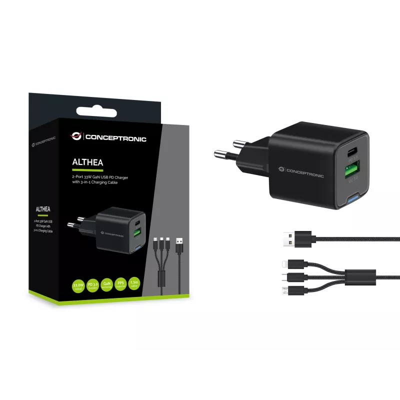 Conceptronic 2-Portu 33W GaN USB PD lādētājs ar 3-in-1 uzlādes kabeli, USB-C x 1, USB-A x 1, QC 3.0, PPS