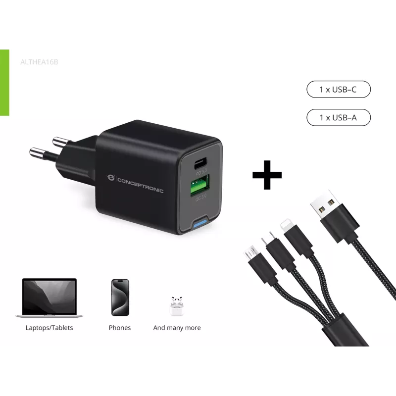 Conceptronic 2-Portu 33W GaN USB PD lādētājs ar 3-in-1 uzlādes kabeli, USB-C x 1, USB-A x 1, QC 3.0, PPS