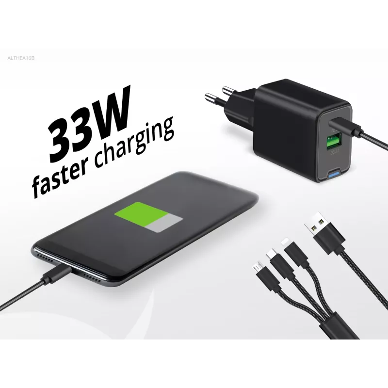 Conceptronic 2-Portu 33W GaN USB PD lādētājs ar 3-in-1 uzlādes kabeli, USB-C x 1, USB-A x 1, QC 3.0, PPS
