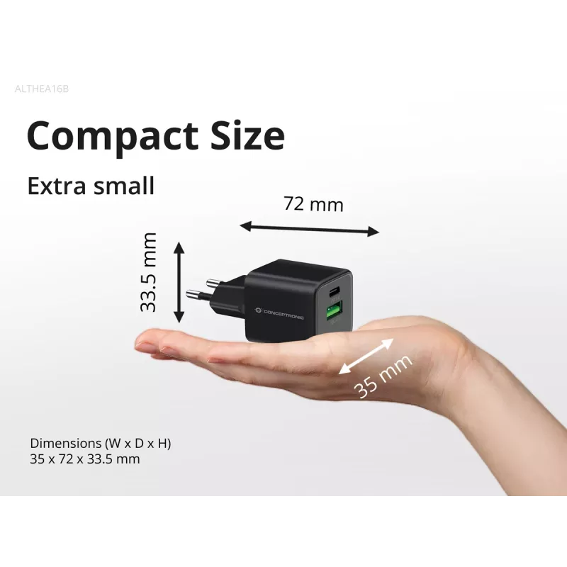 Conceptronic 2-Portu 33W GaN USB PD lādētājs ar 3-in-1 uzlādes kabeli, USB-C x 1, USB-A x 1, QC 3.0, PPS