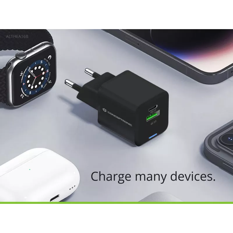 Conceptronic 2-Portu 33W GaN USB PD lādētājs ar 3-in-1 uzlādes kabeli, USB-C x 1, USB-A x 1, QC 3.0, PPS