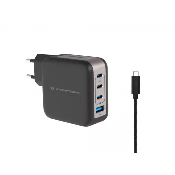 Conceptronic 4-Port 100W GaN USB PD lādētājs ar USB-C lādēšanas kabeli, USB-C x 3, USB-A x 1, QC 3.0, PPS