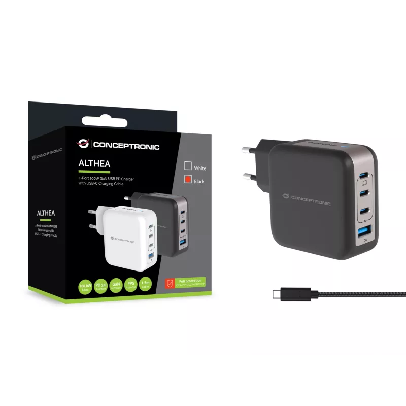 Conceptronic 4-Port 100W GaN USB PD lādētājs ar USB-C lādēšanas kabeli, USB-C x 3, USB-A x 1, QC 3.0, PPS