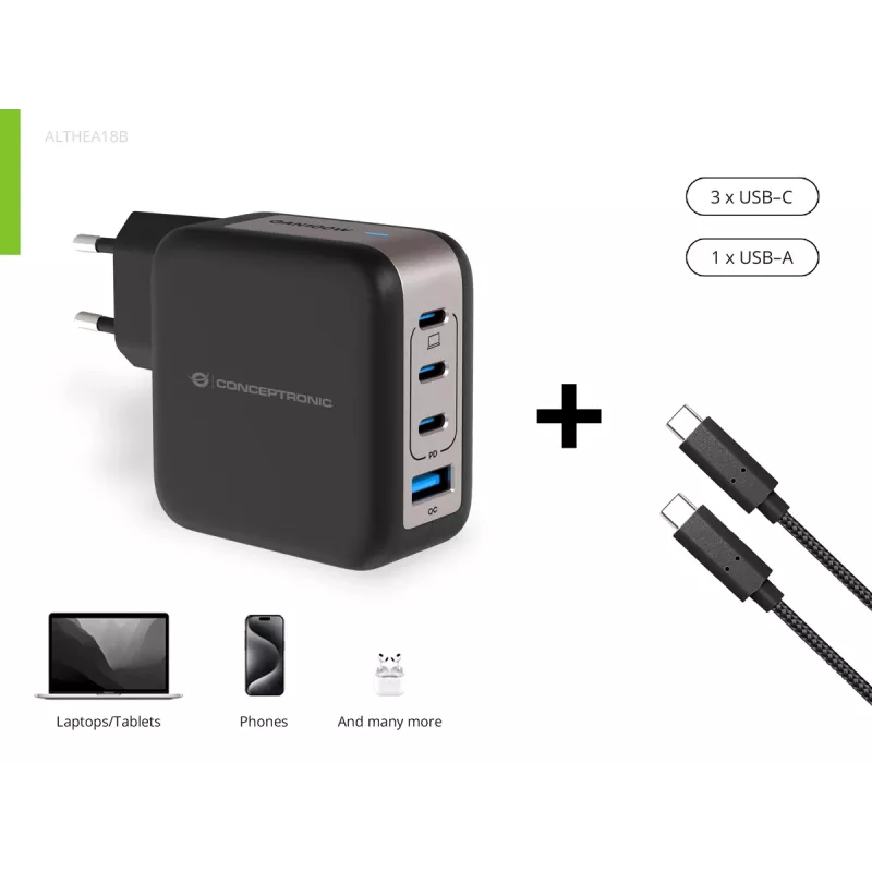 Conceptronic 4-Port 100W GaN USB PD lādētājs ar USB-C lādēšanas kabeli, USB-C x 3, USB-A x 1, QC 3.0, PPS