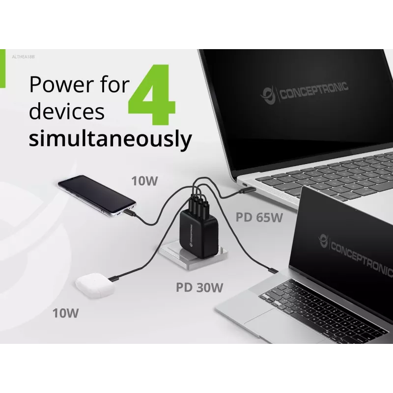 Conceptronic 4-Port 100W GaN USB PD lādētājs ar USB-C lādēšanas kabeli, USB-C x 3, USB-A x 1, QC 3.0, PPS