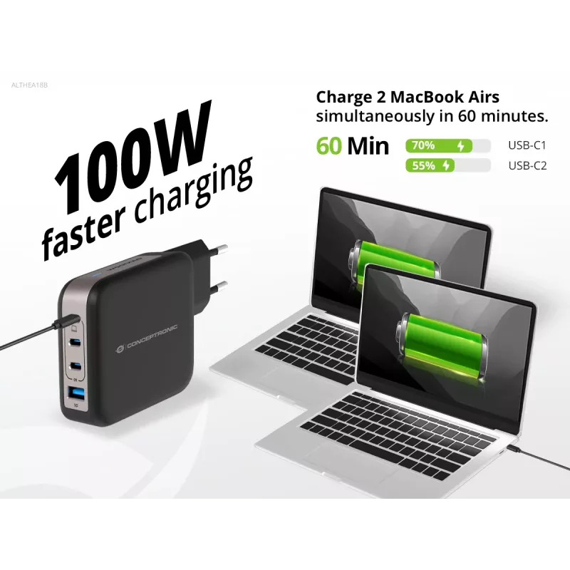 Conceptronic 4-Port 100W GaN USB PD lādētājs ar USB-C lādēšanas kabeli, USB-C x 3, USB-A x 1, QC 3.0, PPS
