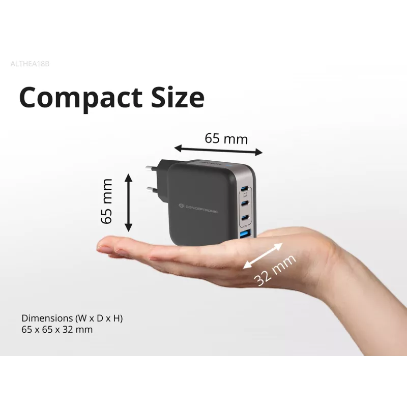 Conceptronic 4-Port 100W GaN USB PD lādētājs ar USB-C lādēšanas kabeli, USB-C x 3, USB-A x 1, QC 3.0, PPS