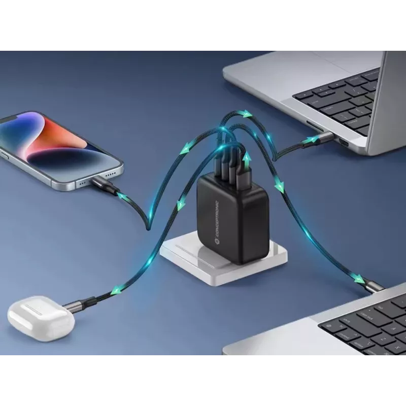 Conceptronic 4-Port 100W GaN USB PD lādētājs ar USB-C lādēšanas kabeli, USB-C x 3, USB-A x 1, QC 3.0, PPS