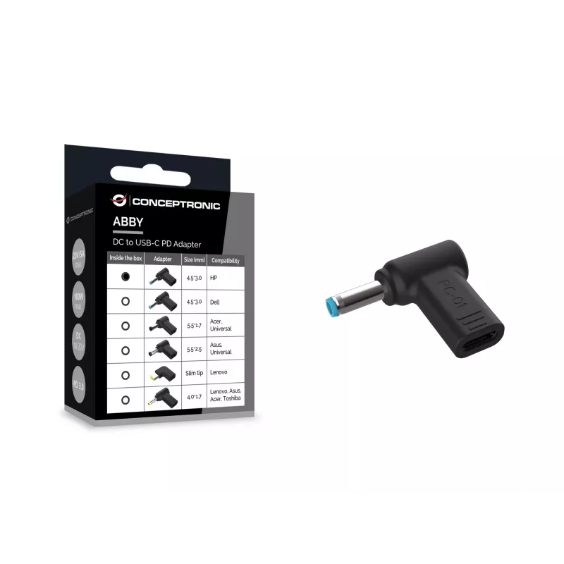 Conceptronic ABBY15PC01 līdzstrāvas–USB-C adapteris, HP 4.5x3.0mm, 18-20V