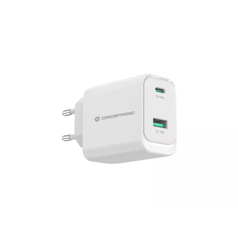 Conceptronic ALTHEA20W45 2-Portu 45W GaN USB PD lādētājs, USB-C x 1, USB-A x 1, QC 3.0, PPS, PD 3.0