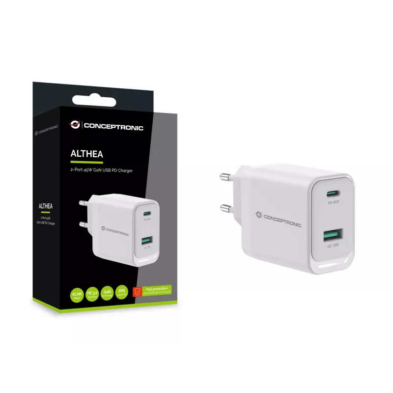Conceptronic ALTHEA20W45 2-Portu 45W GaN USB PD lādētājs, USB-C x 1, USB-A x 1, QC 3.0, PPS, PD 3.0