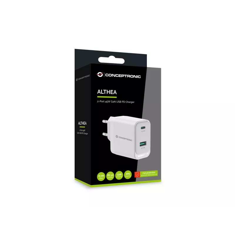 Conceptronic ALTHEA20W45 2-Portu 45W GaN USB PD lādētājs, USB-C x 1, USB-A x 1, QC 3.0, PPS, PD 3.0