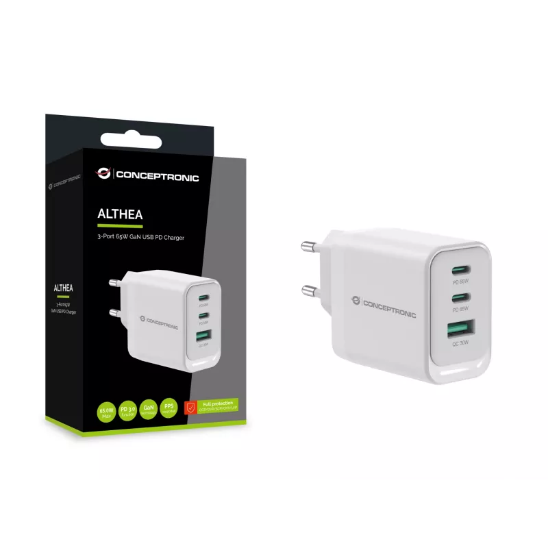 Conceptronic ALTHEA21W65 3-Port 65W GaN USB PD lādētājs, USB-C x 2, USB-A x 1, QC 3.0, PPS, PD 3.0